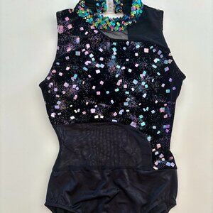 Black Velvet Sequined Metallic Ladies Leotard Dance Costume Size S